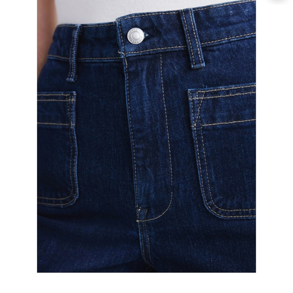Women's Wide Leg Patch Pockets Dark Blue Jeans - Picture 3 of 6